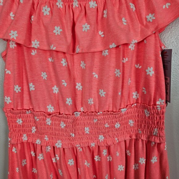 Girls Coral Ruffle Floral Dress Smocked Waist & Shoulder Straps Size Large 10-12 - Picture 4 of 10